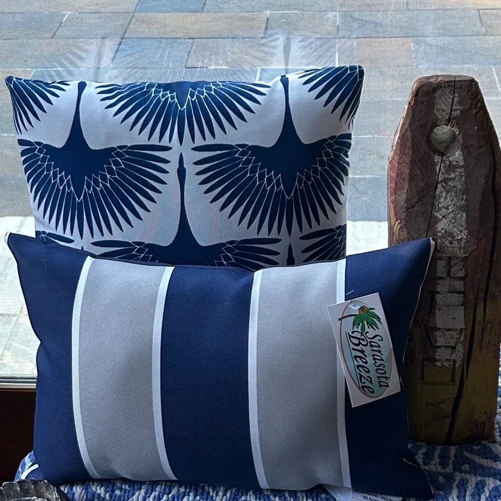Nautical Blue & Gray Striped Outdoor Indoor Lumbar Pillow New With Tags